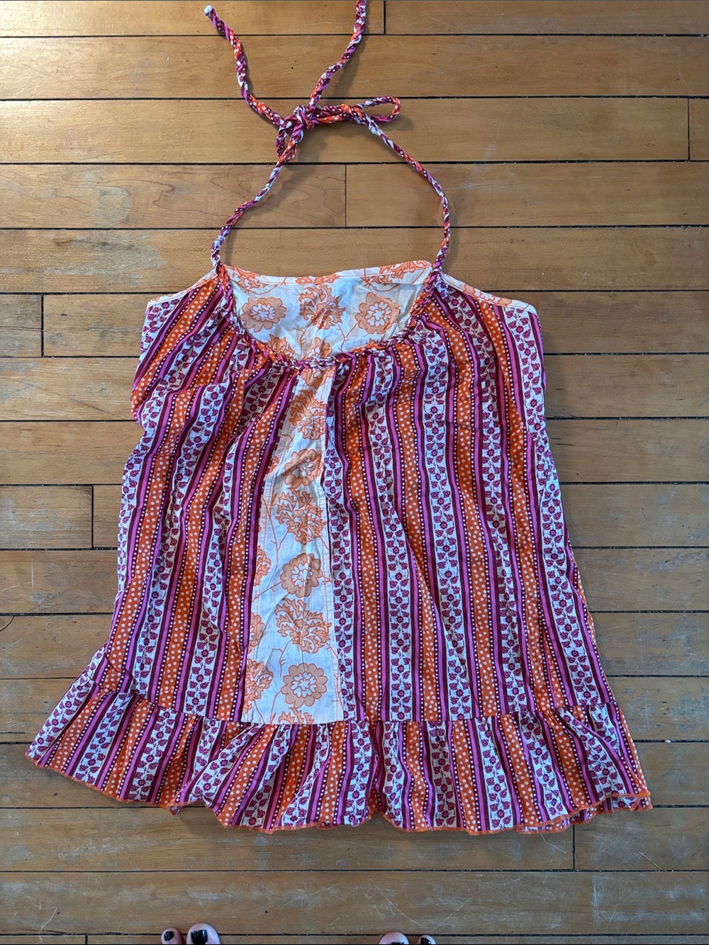 EUC Boho Halter Ruffle Tank Orange, Pink & White